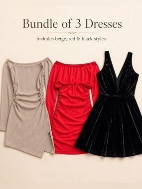 Bundle of 3 Dresses | Beige, Red & Black | Small / Stretchy Fit
